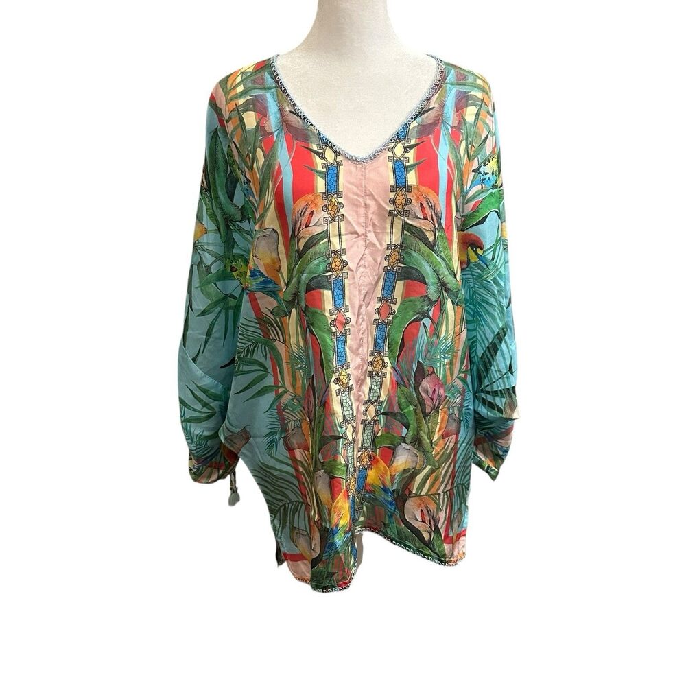 Johnny Was Capri Blouse in Tropical Bird Print Lightweight Silk Top Women’s S